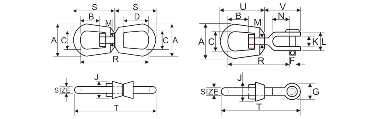 Drawing of US Type Drop Forged Heavy Duty Chain Swivels